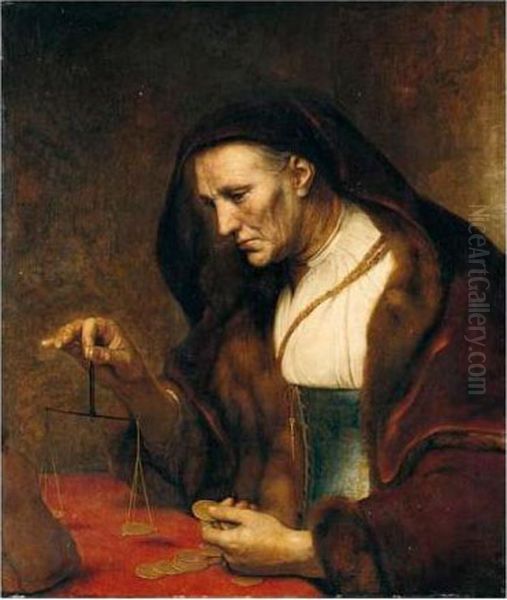 An Old Woman Weighing Gold Coins Oil Painting by Harmenszoon van Rijn Rembrandt