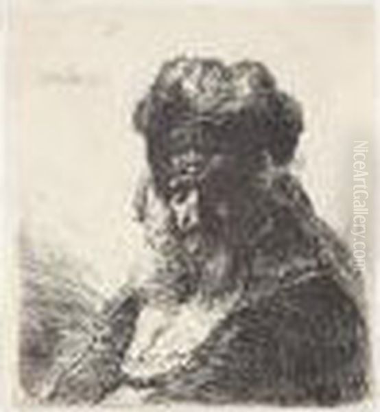 Old Bearded Man In A High Fur Cap, With Eyes Closed (b., Holl.290; H.130; Bb.35-3) Oil Painting by Harmenszoon van Rijn Rembrandt