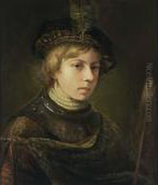 A Portrait Of A Young Man, Bust 
Length, Wearing A Fantasy Costume And A Beret With A Feather, Holding A 
Feather In His Left Hand Oil Painting by Harmenszoon van Rijn Rembrandt