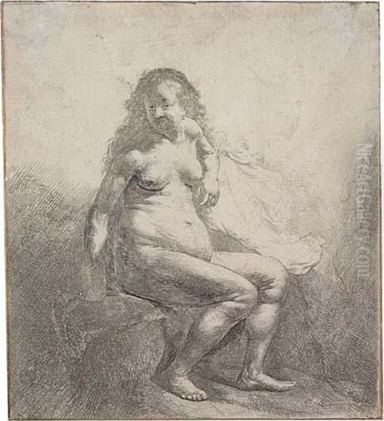 Nude Woman Seated On A Mound Oil Painting by Harmenszoon van Rijn Rembrandt