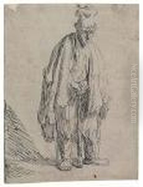 Beggar In A High Cap, Standing And Leaning On A Stick Oil Painting by Harmenszoon van Rijn Rembrandt