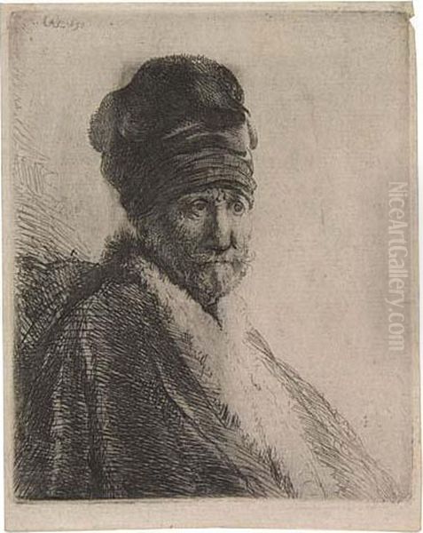 Bust Of A Man Wearing A High Cap, Three-quarters Right (the Artist's Father ?) Oil Painting by Harmenszoon van Rijn Rembrandt