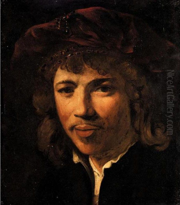 Portrait Of A Gentleman, Head And Shoulders, Wearing A Black Jacket And A Red Cap Oil Painting by Harmenszoon van Rijn Rembrandt