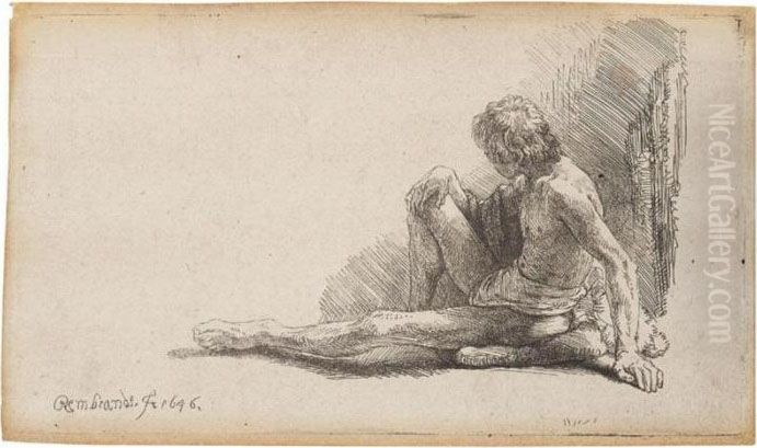 Nude Man Seated On The Ground With One Leg Extended (b., Holl.196; H.221; Bb.46-c) Oil Painting by Harmenszoon van Rijn Rembrandt