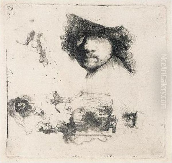 Sheet Of Studies: Head Of The 
Artist, A Beggar Couple, Heads Of An Old Man And Old Woman (b., 
Holl.363; H.90; Bb.32-1) Oil Painting by Harmenszoon van Rijn Rembrandt