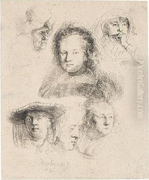 Studies Of The Head Of Saskia And Others (b., Holl.365; H.145; Bb.36-b) Oil Painting by Harmenszoon van Rijn Rembrandt