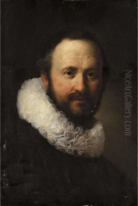 Portrait Of A Man, Head And Shoulders, Wearing A Black Coat With A White Ruff Oil Painting by Harmenszoon van Rijn Rembrandt
