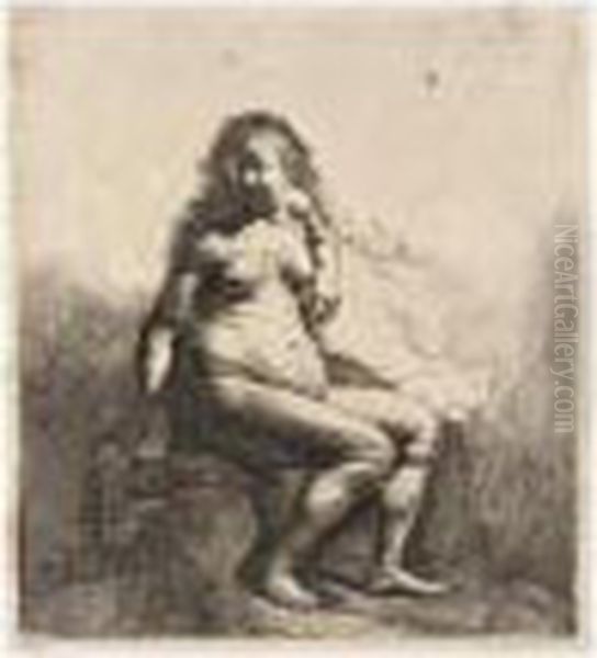 Naked Woman Seated On A Mound 
(bartsch, Hollstein 198; Hind 43; Bjorklund & Barnard 31-5) Oil Painting by Harmenszoon van Rijn Rembrandt