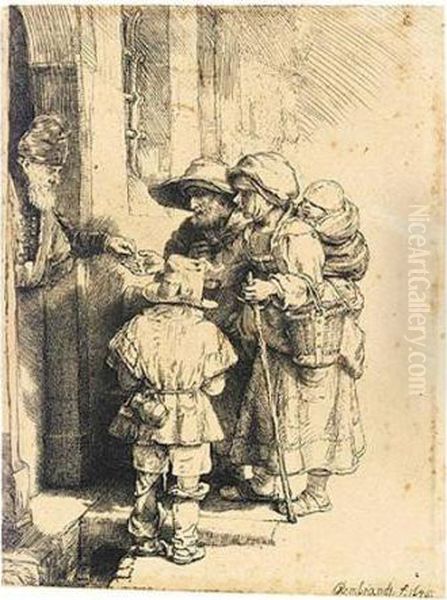 Beggars Receiving Alms At The Door Of A House (b., Holl.176; H.233; Bb.48-c) Oil Painting by Harmenszoon van Rijn Rembrandt