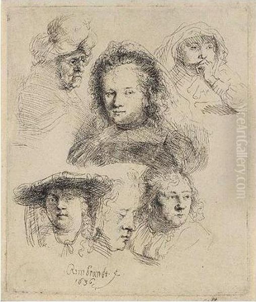Studies Of The Head Of Saskia And Others (b., Holl.365; H.145; Bb.36-b) Oil Painting by Harmenszoon van Rijn Rembrandt