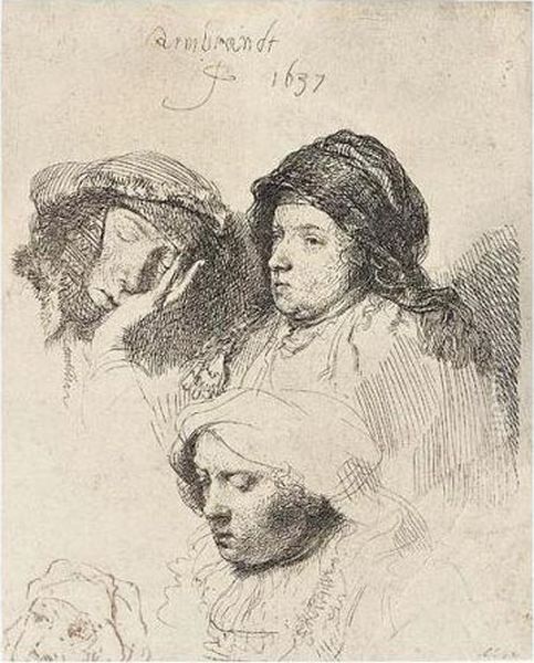 Three Heads Of Women: One Asleep (b., Holl.368; H.152; Bb.37-d) Oil Painting by Harmenszoon van Rijn Rembrandt