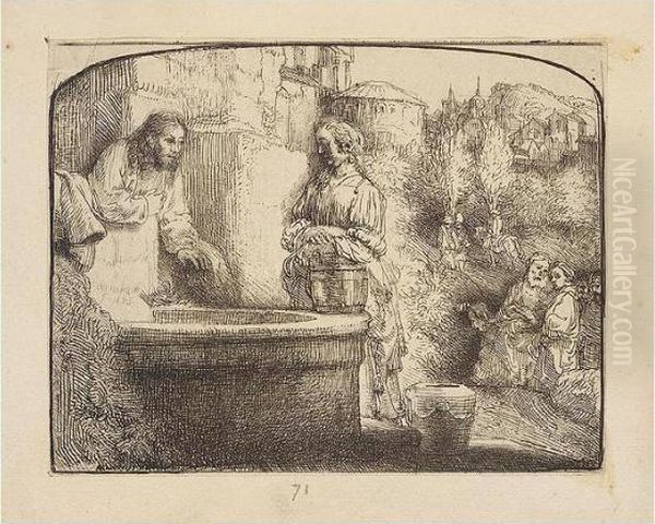 Christ And The Woman Of Samaria: An Arched Print (b., Holl.70; H.294; Bb.57-b) Oil Painting by Harmenszoon van Rijn Rembrandt