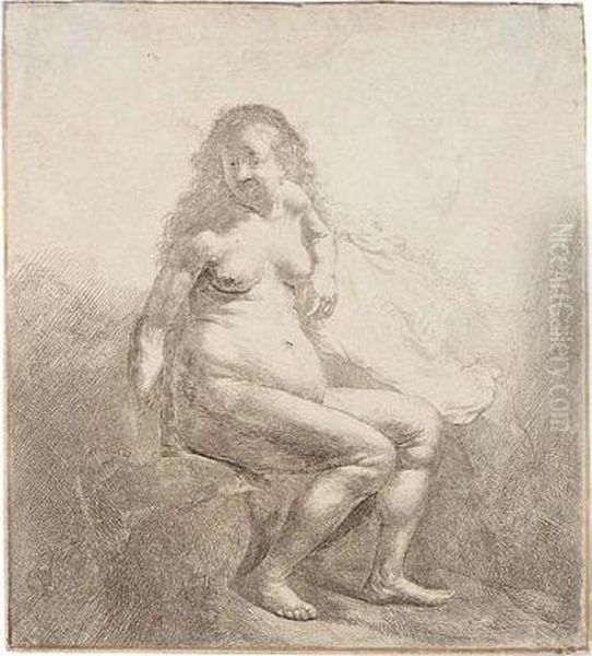 Naked Woman Seated On A Mound (b., Holl.198; H.43; Bb.31-5) Oil Painting by Harmenszoon van Rijn Rembrandt