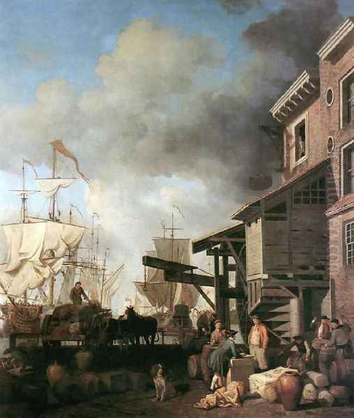 A Thames Wharf 1750's Oil Painting by Samuel Scott