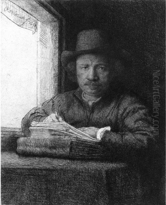 Self Portrait Drawing At A Window (b., Holl.22; H.229; Bb.48-a) Oil Painting by Harmenszoon van Rijn Rembrandt