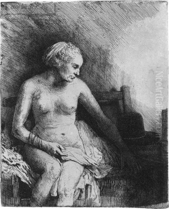 Woman At The Bath With A Hat Beside Her (b., Holl. 199; H.297; Bb 58-c) Oil Painting by Harmenszoon van Rijn Rembrandt