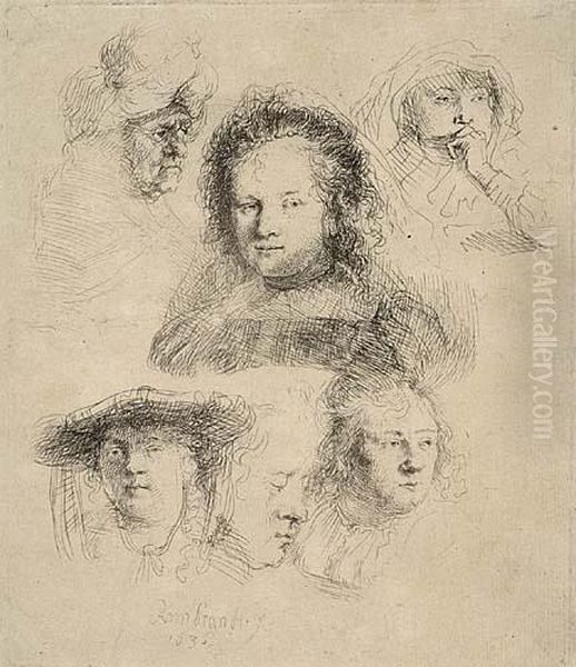 Sheet Of Studies: Head Of Saskia And Others Oil Painting by Harmenszoon van Rijn Rembrandt