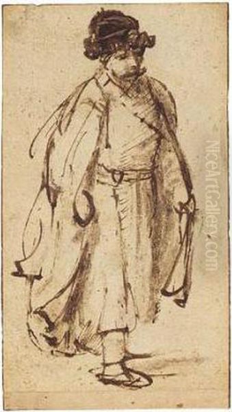 A Man In Fur Hat, Walking To The Right Oil Painting by Harmenszoon van Rijn Rembrandt