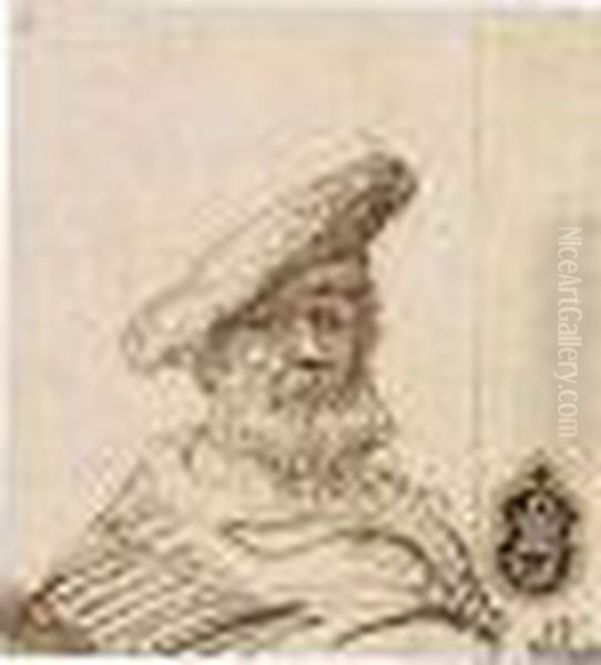 Head And Shoulders Study Of An Bearded Old Man In A Broad Beret Oil Painting by Harmenszoon van Rijn Rembrandt