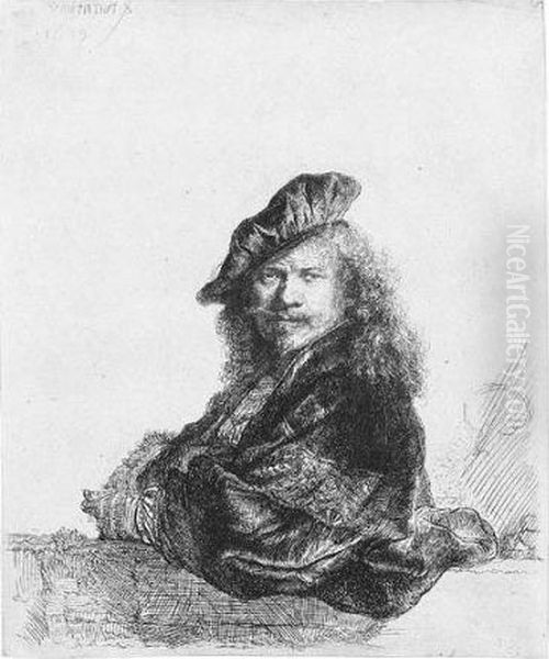 Self Portrait Leaning On A Stone Sill (b., Holl.21; H.168; Bb.39-e) Oil Painting by Harmenszoon van Rijn Rembrandt