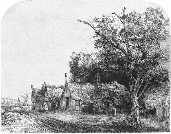 Landscape With Three Gabled Cottages Beside A Road (b., Holl.217; H.246; Bb.50-d) Oil Painting by Harmenszoon van Rijn Rembrandt