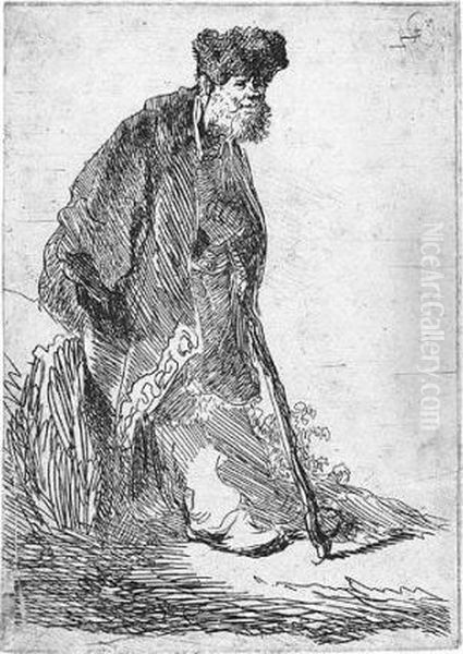 Man In A Coat And Fur Cap Leaning Against A Bank (b., Holl.151; H.14; Bb.30-6) Oil Painting by Harmenszoon van Rijn Rembrandt