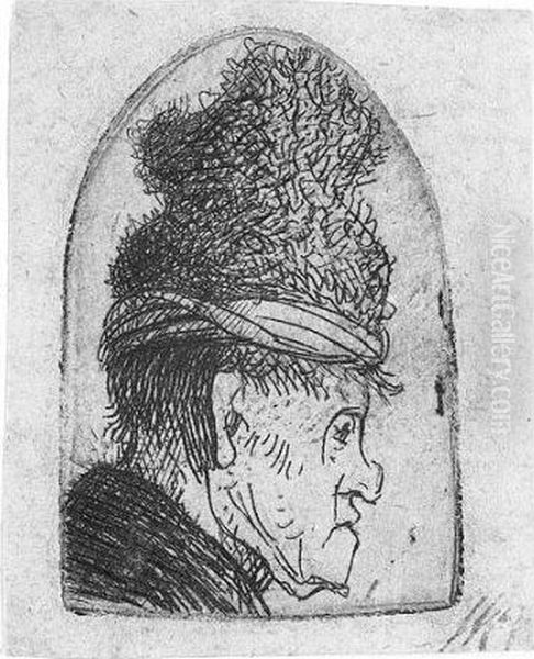 Grotesque Profile: Man In A High Cap (b., Holl.236; H.68; Bb.31-14) Oil Painting by Harmenszoon van Rijn Rembrandt