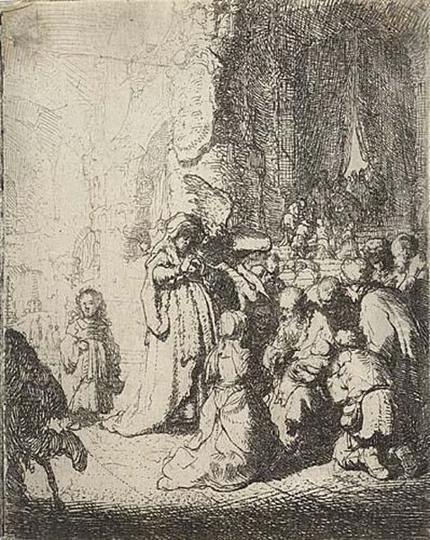 The Presentation In The Temple With An Angel: Small Plate Oil Painting by Harmenszoon van Rijn Rembrandt