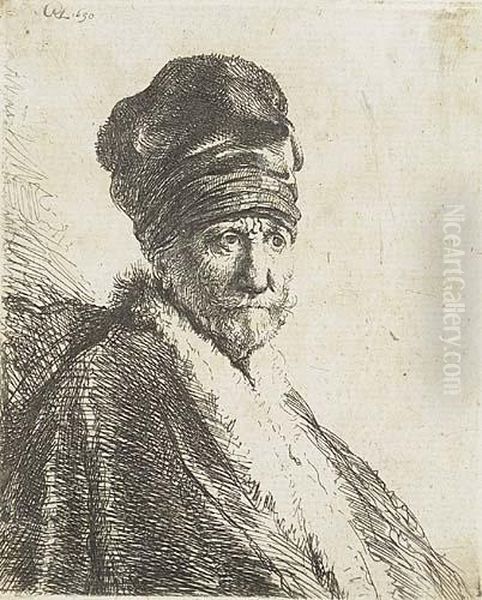Bust Of A Man Wearing A High Cap; Three-quarters Right (the Artist's Father ?) Oil Painting by Harmenszoon van Rijn Rembrandt