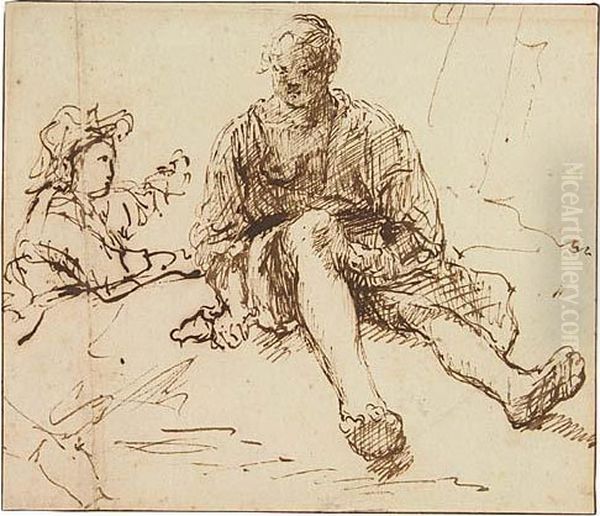 A Young Woman In Nightclothes 
Seated On A Bed, With A Young Man Behind Her.<</b> Oil Painting by Harmenszoon van Rijn Rembrandt