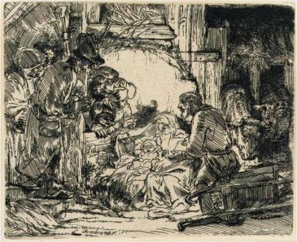 The Adoration Of The Shepherds 
With The Lamp (bartsch, Hollstein 45; Hind 273; Bbjorklund-barnard 54-1) Oil Painting by Harmenszoon van Rijn Rembrandt