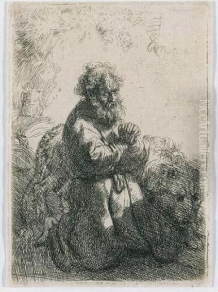 St. Jerome Kneeling In Prayer, Looking Down (b., Holl. 102; H. 140; Bb. 35-h) Oil Painting by Harmenszoon van Rijn Rembrandt