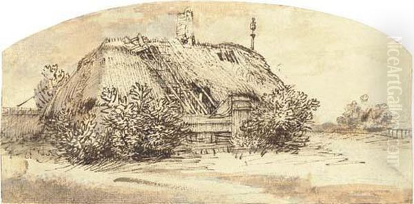 A Ruined Thatched Cottage Overgrown With Bushes Oil Painting by Harmenszoon van Rijn Rembrandt