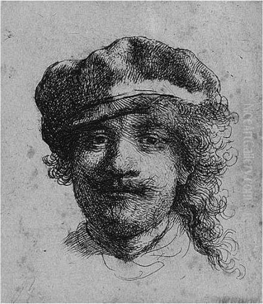 Self Portrait Wearing A Soft Cap: Full Face, Head Only (b., Holl.2; H.57; Bb.34-1) Oil Painting by Harmenszoon van Rijn Rembrandt