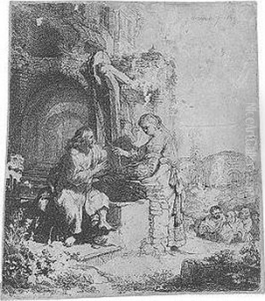 Christ And The Woman Of Samaria Among Ruins (b., Holl. 71; 122; Bb. 34-l) Oil Painting by Harmenszoon van Rijn Rembrandt