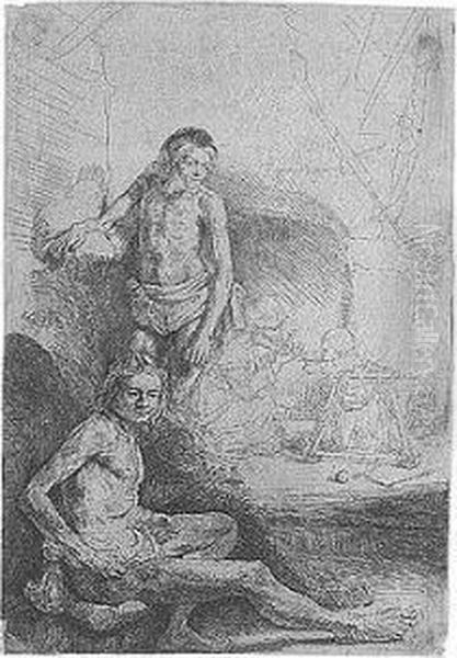 Nude Man Seated And Another 
Standing With A Woman And Baby Lightly Etched In The Background (b., 
Holl.194; H.222; Bb.46-1) Oil Painting by Harmenszoon van Rijn Rembrandt