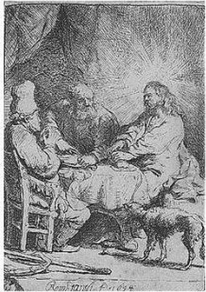 Christ At Emmaus: The Smaller Plate (b., Holl.88; H.121; Bb.34-k) Oil Painting by Harmenszoon van Rijn Rembrandt