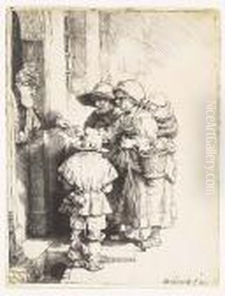 Beggars Receiving Alms At A Door<</b> Oil Painting by Harmenszoon van Rijn Rembrandt