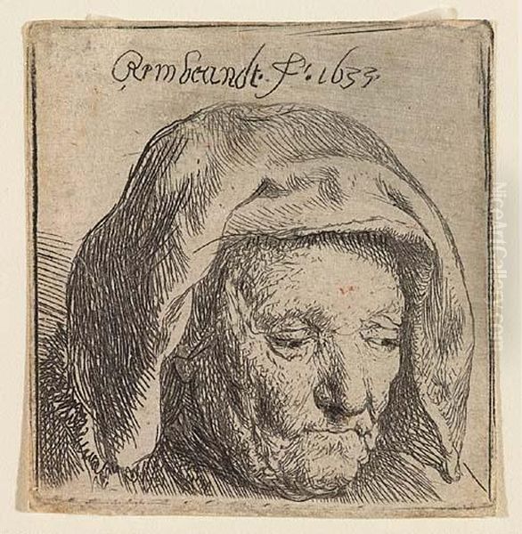 The Artist's Mother In A Cloth Headress, Looking Down<</b> Oil Painting by Harmenszoon van Rijn Rembrandt