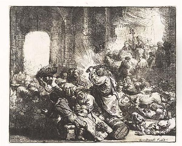 Christ Driving The Money Changers From The Temple<</b> Oil Painting by Harmenszoon van Rijn Rembrandt