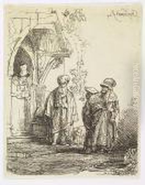 Three Oriental Figures (jacob And Laban ?)<</b> Oil Painting by Harmenszoon van Rijn Rembrandt