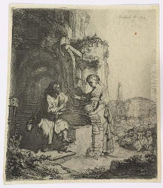 Christ And The Woman Of Samaria Among Ruins<</b> Oil Painting by Harmenszoon van Rijn Rembrandt