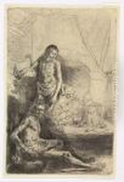 Nude Man Seated And Another Standing With A Woman And A Baby<</b> Oil Painting by Harmenszoon van Rijn Rembrandt