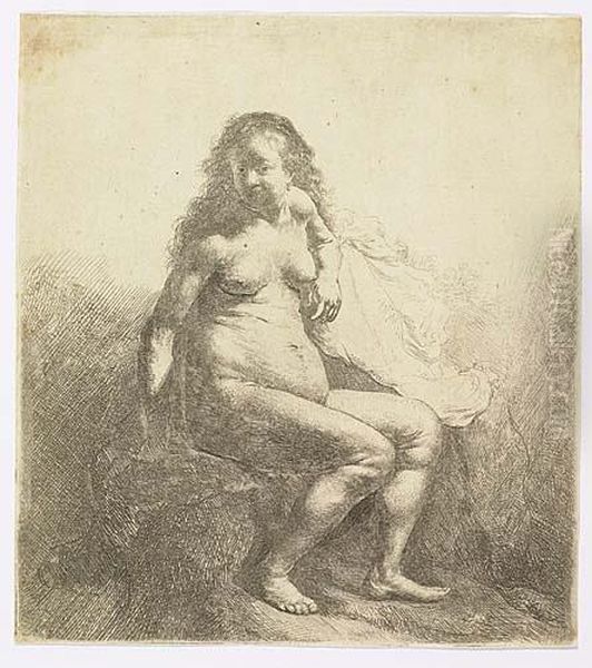 Nude Woman Seated On A Mound<</b> Oil Painting by Harmenszoon van Rijn Rembrandt