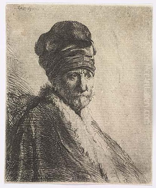 Bust Of A Man Wearing A High 
Cap; Three-quarters Right (the Artist's Father ?)<</b> Oil Painting by Harmenszoon van Rijn Rembrandt