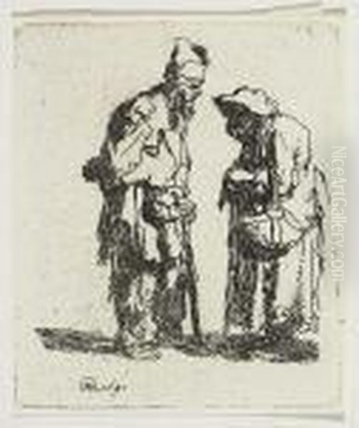 Beggar Man And Beggar Woman Conversing<</b> Oil Painting by Harmenszoon van Rijn Rembrandt