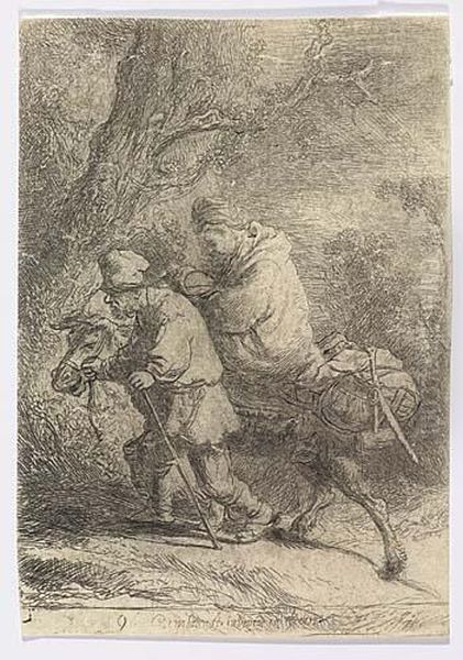 The Flight Into Egypt: Small Plate<</b> Oil Painting by Harmenszoon van Rijn Rembrandt