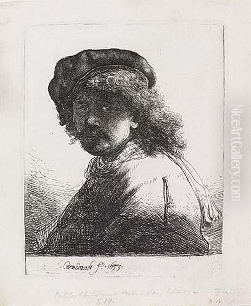 Self Portrait In A Cap And Scarf With The Face Dark: Bust<</b> Oil Painting by Harmenszoon van Rijn Rembrandt