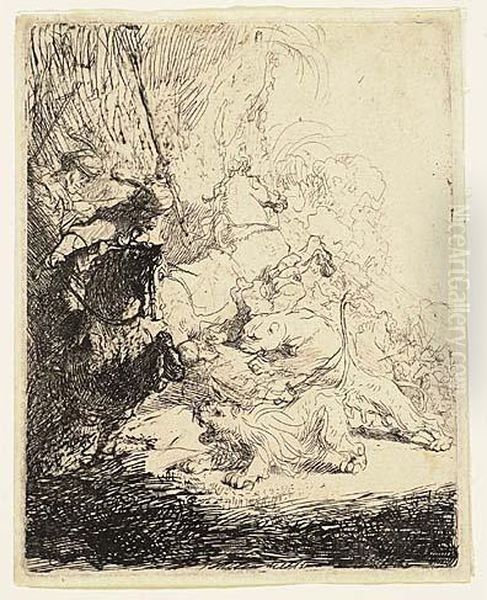 The Small Lion Hunt<</b> Oil Painting by Harmenszoon van Rijn Rembrandt