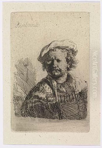 Self Portrait In A Flat Cap And Embroidered Dress<</b> Oil Painting by Harmenszoon van Rijn Rembrandt
